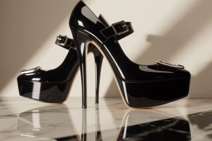 Platform heels in glossy black leather displayed on a white background.