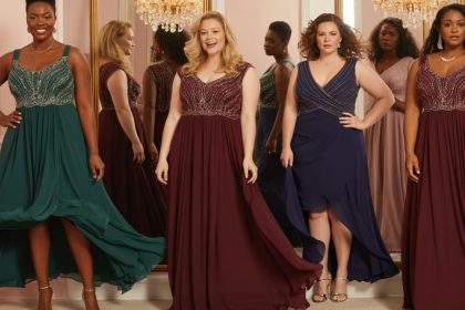 Plus Size Prom Dresses woman wearing an emerald green A-line prom dress with a fitted bodice and flowing chiffon skirt, posing in a studio setting.