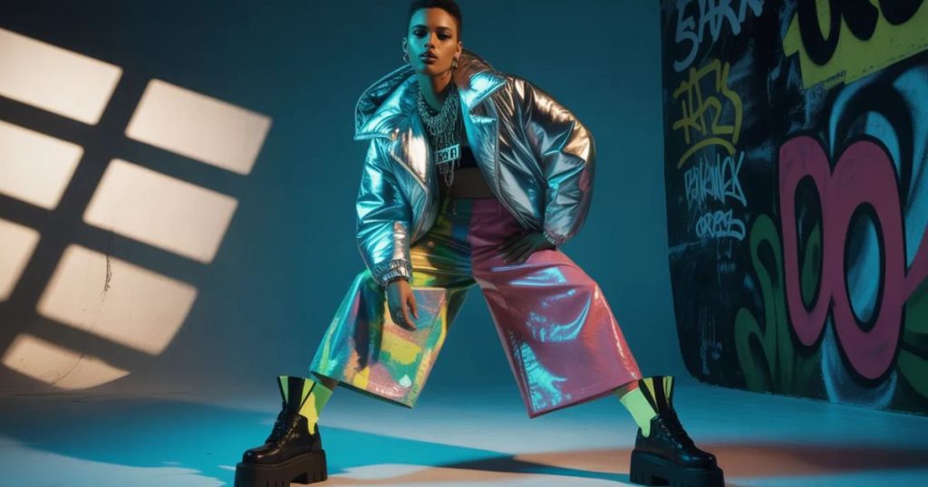 Colorful gyaru outfit with platform shoes and statement accessories showing bold fashion identity.